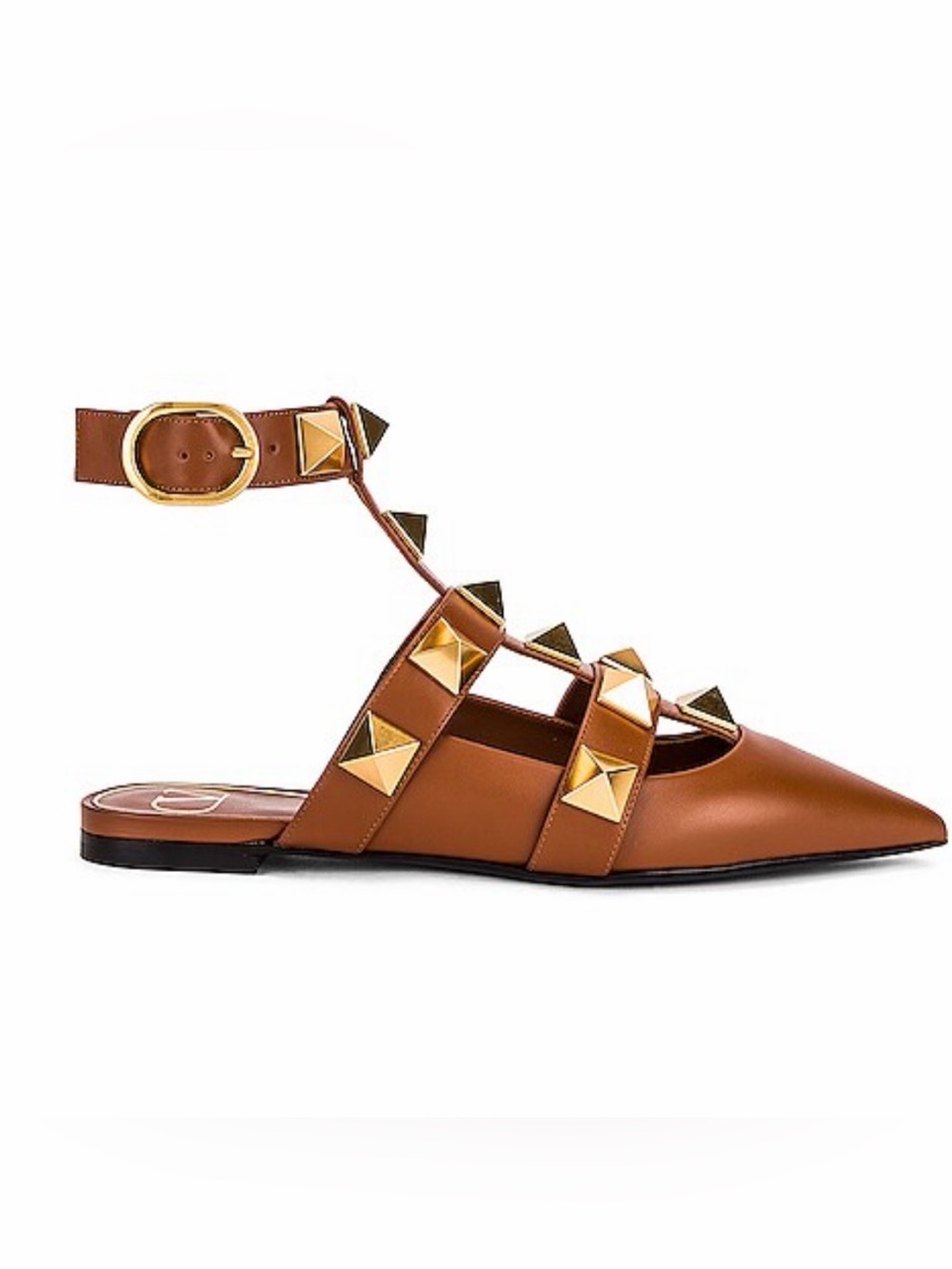 Valentino - Women’s Brown Pointed-Toe Roman Stud Ballerina Flats - Size: EU 38